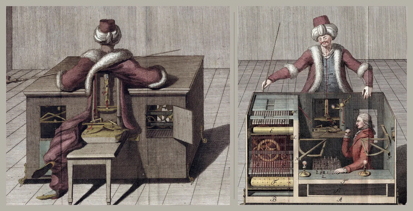 Le Turc mécanique, brillant automate joueur d’échec, n’était en fait qu’un artifice contrôlé par un homme caché à l’intérieur. Gravures du 18ème siècle.